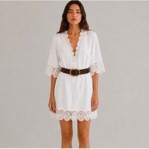 NWT Oyrosy White Crochet Lace Trim V-Neck Mini Dress Boho Summer size XS NOTES